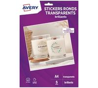 Avery Dennison 5 feuilles stickers ronds transparents brillants - diamètre 4cms - Jet d'encre