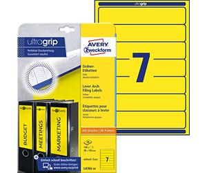 Avery Dennison Zweckform, L4760-25 Étiquettes, Classeur, 25 feuilles, pour fin Classeurs à Anneaux, comme LEITZ, Elba, Esselte, Herlitz, Mehle, Bene, 192 x 38 mm jaune