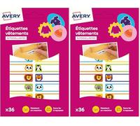 Avery Étiquettes Autocollantes à motif animaux Inscriptibles 36 Pièces - autocollant Personnalisable avec un marqueur permanant - Durable Lavable jusqu'à 40C et sèche-linge - 1,3 x 4,5 cm (Lot de 2)