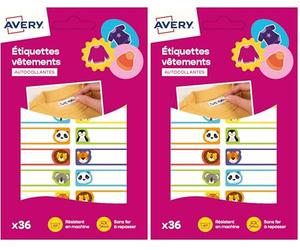 Avery Étiquettes Autocollantes à motif animaux Inscriptibles 36 Pièces - autocollant Personnalisable avec un marqueur permanant - Durable Lavable jusqu'à 40C et sèche-linge - 1,3 x 4,5 cm (Lot de 2)