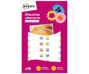 Avery Étiquettes Autocollantes à motifs smiley Inscriptibles 36 Pièces - autocollant Personnalisable à l'aide d'un marqueur permanant - Durable Lavable jusqu'à 40C et sèche-linge - 1,3 x 4,5 cm