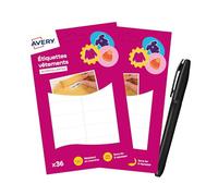 Avery étiquettes autocollantes Vêtements Blanches avec Marqueur - Lot de 72 (2 x 36) - Format 1,3 x 4,5 cm - autocollant Personnalisables, Résistant et Lavables pour Enfants