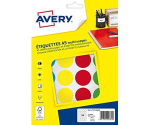 AVERY - Etui de 168 pastilles autocollantes couleurs assorties. Diamètre 30mm.