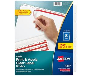 Avery Intercalaires à 8 onglets, faciles à imprimer et à appliquer, bande d'étiquettes transparentes, indexer, onglets blancs, 25 ensembles (11447)