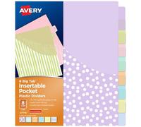Avery Intercalaires de poche insérables pour classeurs à 3 anneaux, 8 onglets, grands onglets pastel, motifs classiques, s'étend au-delà des protections de feuilles, parfaits pour organiser des