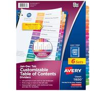 Avery Intercalaires mensuels pour classeurs à 3 anneaux, table des matières personnalisable, onglets multicolores, 6 ensembles (11830)