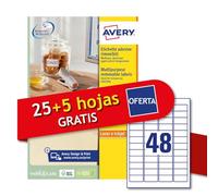 Avery Italia L4736REV-30P Étiquettes adhésives papier blanc adhésif amovible sans résidu, 25+5 feuilles supplémentaires, rectangulaires 45,7 x 21,2 mm, 48 étiquettes par feuille, autocollant amovible,