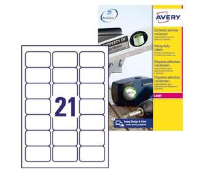 Avery Italia L7060-20 Étiquettes adhésives en polyester blanc résistant, 20 feuilles A4, rectangulaires 63,5 x 38,1 mm, 21 étiquettes par feuille, autocollant permanent, imprimantes laser