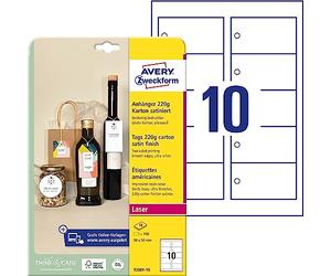 Avery Italia Lot de 10 étiquettes de papier avec trou en carton de 220 g sur feuille A4, format 90 x 50 mm, impression laser avant et arrière, cordon inclus