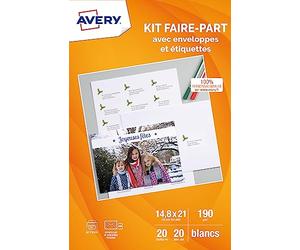 Avery - Kit Faire-Parts composé de 20 cartes faire-part blanches A5 (190g/m²) + 20 enveloppes blanches + 21 étiquettes autocollante.