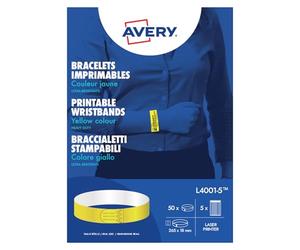 Avery L4001-5 50 bracelets d'identification imprimables laser, 265 × 18 mm | 50 bracelets imprimables, Jaune 265 × 18mm Laser