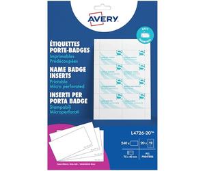 Avery L4726-20 240 inserts badges microperforés imprimables, 75 × 40 mm | 240 inserts badges microperforés 75 × 40mm