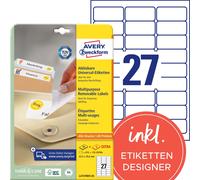 Avery L4737REV-25 Self-Adhesive Removable Labels, 27 Labels Per A4 Sheet, White,