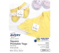 Avery Lot de 200 étiquettes cadeaux carrées vierges imprimables avec fil Sure Feed, 3,8 x 3,8 cm, blanches, 200 étiquettes personnalisables avec cordes (22849)