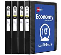 Avery Lot de 4 classeurs à 3 anneaux, anneaux ronds de 1,3 cm, capacité de 100 feuilles, noir (17701)