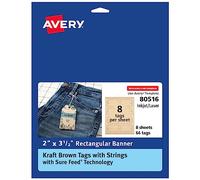 Avery Lot de 64 étiquettes en papier kraft marron avec technologie d'alimentation sûre, 5,1 x 8,9 cm, laser/jet d'encre, 64 étiquettes imprimables avec cordes incluses, également idéales pour les