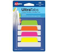 Avery Margin Ultra Onglets 6,3 x 2,5 cm 2 côtés inscriptibles Couleurs fluo assorties 48 onglets repositionnables (74865)