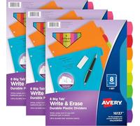 Avery Onglets de classeur - 3 intercalaires à anneaux avec onglets - Écrivez et effacez durables - Intercalaires en plastique - Lot de 8 onglets - 8 couleurs différentes - 3 ensembles de grands