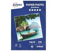 Avery Papier 270/m² Brillant - 40 Feuilles - Papier Photo 10 x 5 Brillant- Jet d'Encre, Séchage Instantané, FSC Certifié, Couleurs Éclatantes, Résistant, Finition Professionnelle