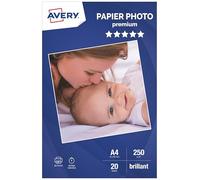 Avery Papier A4 250/m² Brillant - 20 Feuilles - Papier Photo A4 Brillant- Jet d'Encre, Séchage Instantané, FSC Certifié, Couleurs Éclatantes, Résistant, Finition Professionnelle