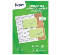 AVERY - Pochette de 126 étiquettes transparentes autocollantes. Personnalisables et imprimables. Format 63,5 x 38,1 mm. Impression jet d'encre.