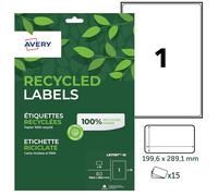 AVERY - Pochette de 15 étiquettes 100% recy s autocollantes. Personnalisables et imprimables. Format 199,6 x 289,1mm. Impression laser et jet d'encre. (LR7167-15)