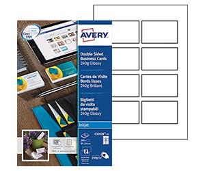 AVERY - Pochette de 200 cartes de visite à bords lisses imprimables recto/verso, En carte blanche brillante 240g/m², Format 85 x 54 mm, Impression jet d'encre, (C32028-25)