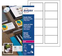 AVERY - Pochette de 250 cartes de visite à bords lisses imprimables recto/verso. En carte blanche satinée 220g/m². Format 85 x 54 mm. Impression laser. (C32016-25)