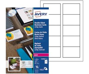 AVERY - Pochette de 250 cartes de visite à bords lisses imprimables recto/verso. En carte blanche satinée 220g/m². Format 85 x 54 mm. Impression laser. (C32016-25)