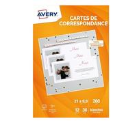 AVERY - Pochette de 36 cartes de correspondance à bords lisses (260g/m²). Personnalisables et imprimables. Format 210 x 99 mm. Impression jet d'encre.