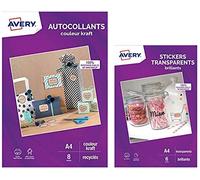 AVERY - Pochette de 6 stickers transparents, Format A4, Impression jet d'encre & Pochette de 8 autocollants couleur kraft 100% recyclés, Personnalisables et imprimables, Format 199,6 x 289,1 mm