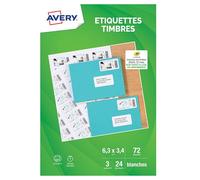 AVERY - Pochette de 72 étiquettes autocollantes pour imprimer ses timbres. Personnalisables et imprimables. Format 63,5 33,9 mm. Impression jet d'encre.