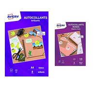 AVERY - Pochette de 8 autocollants brillants qualité photo, Personnalisables et imprimables, Format 199,6 x 289,1mm & Pochette de 120 autocollants ronds, Personnalisables et imprimables, Diamètre 40mm