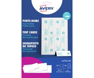 Avery Porte-noms chevalet imprimables prédécoupés - L4796-20 - Dimensions 210 x 60 mm - Lot de 20 - Blanc