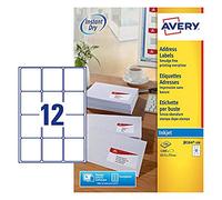 Avery Réf J8164-100 Lot de 1200 étiquettes adresse Séchage instantané Jet d'encre Blanc 12 étiquettes par feuille 63,5 x 72 mm