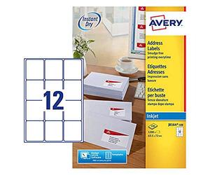 Avery Réf J8164-100 Lot de 1200 étiquettes adresse Séchage instantané Jet d'encre Blanc 12 étiquettes par feuille 63,5 x 72 mm