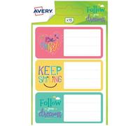Avery - Sachet De 15 Étiquettes Scolaires à Motifs Rose Jaune Vert Fantaisie, 76 x 34 mm, Blanc Avec Lignes, Étiquettes Autocollantes Pour Nom, Prénom Et Matières, Autocollant Personnalisé
