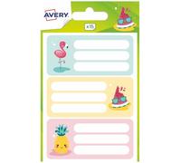 AVERY - Sachet de 15 étiquettes scolaires fantaisie design flamant rose, pastèque et ananas. Format 76 x 34 mm