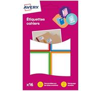 AVERY - Sachet de 16 étiquettes autocollantes ultra-résistantes blanches à bordure colorée. Format 44 x 64 mm