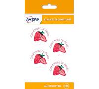 AVERY - 20 Étiquettes Rondes Satinés Confitures de Fraise Inscriptibles - Adhésif Sans Solvant pour Usage Alimentaire - Format Ø 47 mm