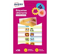 AVERY - Sachet de 36 étiquettes autocollantes pour vêtements, motifs animaux, format 4,5 x 1,3 cm