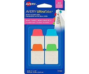 AVERY - Sachet de 40 mini marque-pages autocollants (Rouge, Bleu, Orange, Vert), Format 25,4 mm