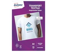 Avery Transferts personnalisables pour textiles blancs ou clairs – 15 feuilles A4 – Impression laser