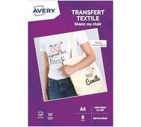 Avery Transferts pour textile A4, 8 feuilles blancs/clairs, jet d'encre, application au fer