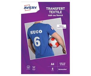 Avery Transferts personnalisables pour textile foncés A4 4 feuilles impression jet encre pour créer des motifs sur tissus clairs vêtements accessoires avec application au fer à repasser