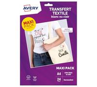 AVERY Transferts Personnalisables pour Textiles Blancs ou Clairs - 24 Feuilles A4 - Impression Jet d’Encre