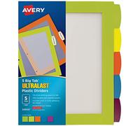 Avery Ultralast 24900 Lot de 5 intercalaires en plastique pour classeurs à 3 anneaux, multicolores avec étiquettes blanches