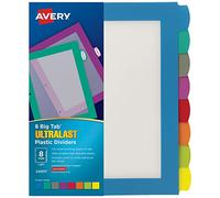 Avery Ultralast 24901 Lot de 8 intercalaires en plastique pour classeurs à 3 anneaux, multicolores avec étiquettes blanches