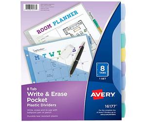 Avery Write & Erase 16177 Lot de 24 intercalaires en plastique durable avec poches, 8 onglets multicolores
