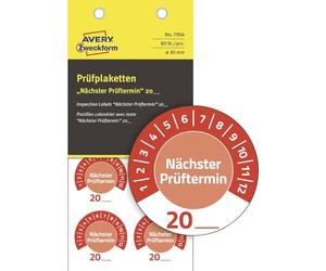 AVERY Zweckform 7904 Lot de 80 plaquettes de test avec date de test 20 (avec année à écrire soi-même, résistantes, autocollantes, 30 mm, label de contrôle en vinyle) Rouge